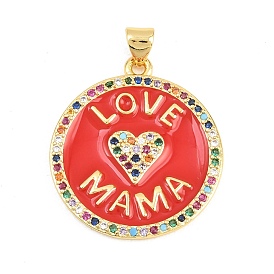 Латунные микро проложить кубического циркония подвески, с эмалью, Плоские круглые подвески со словом «любовь, мама»