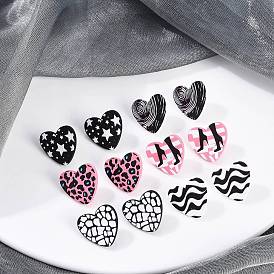 Heart Acrylic Printed Stud Earrings for Women, with 304 Stainless Steel Pins