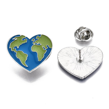 Alloy Brooches, Enamel Pin, with Brass Butterfly Clutches, Heart with Map, Platinum