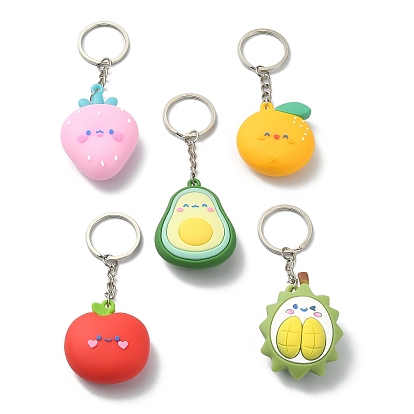 Fruit Theme PVC Pendants Keychain, with Iron Split Key Rings, Apple/Orange/Durian/Avocado/Strawberry