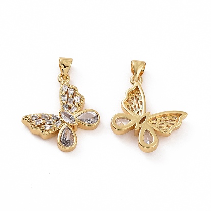 Brass Micro Pave Clear Cubic Zirconia Pendants, Cadmium Free & Lead Free, Butterfly