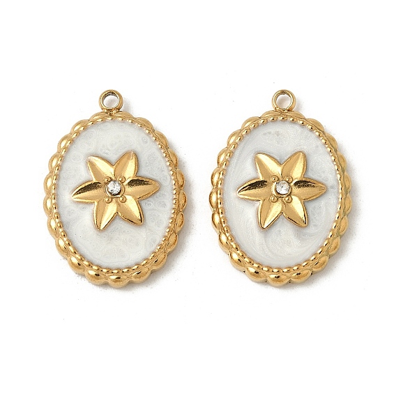 304 нержавеющей стальной эмали подвески, овал с цветочной подвеской, со стразами, реальный 18 k позолоченный, ионное покрытие (ip)