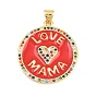 Латунные микро проложить кубического циркония подвески, с эмалью, Плоские круглые подвески со словом «любовь, мама»