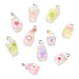 Fruit Juice Printed Resin Pendants, Mixed Shapes Charm, with Platinum Iron Loop