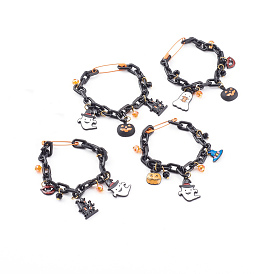 Halloween Theme Alloy Enamel Charm Bracelets, with Iron Safety Pins, Glass Beads and ABS Plastic Cable Chains, Mixed Shapes