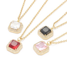 Brass Micro Pave Cubic Zirconia Pendant Necklaces, with Rhinestone and 304 Stainless Steel Cable Chains, Square Octagon, Golden