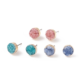 Dyed Flat Round Natural Druzy Agate Stud Earrings, with Golden Tone Brass Findings and Iron Pins