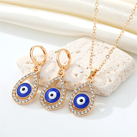 Vintage European Devil Eye Necklace with Hollowed-out Water Drop and Full Diamond, Turkish Blue Evil Eye Sweater Chain