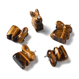 Natural Tiger Eye Pendants, Rabbit Charms with Platinum Plated Brass Pendant Bails