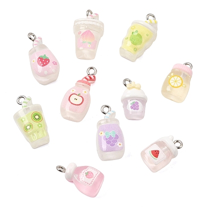 Fruit Juice Printed Resin Pendants, Mixed Shapes Charm, with Platinum Iron Loop