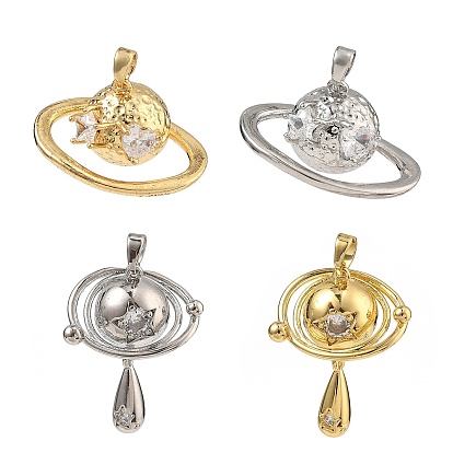 Brass Micro Pave Clear Cubic Zirconia Pendants, Saturn Charms