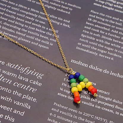 Handmade Rainbow Beaded Couples Necklace with Stainless Steel Lock Pendant - 26 Alphabet Letters for Beach Vacation