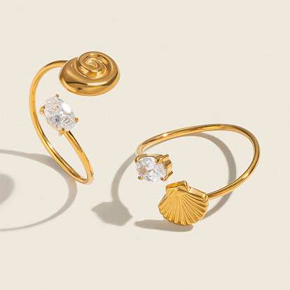 304 Offene Manschettenringe aus Edelstahl mit Zirkonia-Pavé für Damen, echt 18 k vergoldet
