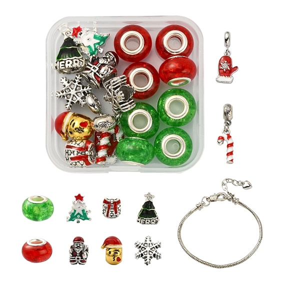 DIY European Bracelet Making Kit, Including Brass European Bracelet, Christmas Tree & Santa Claus & Glove & Candy Cane Alloy Enamel Beads & Charms & Resin Beads