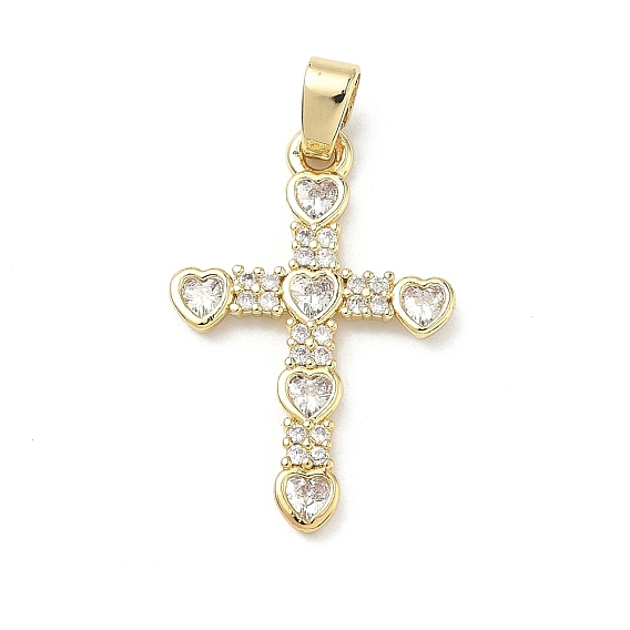 Латунные микропаве прозрачные подвески с фианитом, крестик с сердечками