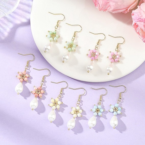 Boucles d'oreilles pendantes en perles de verre biconiques en forme de larme, plaquées or et traitées anti-ternissement, flocon de neige, 304 boucles d'oreilles pendantes en acier inoxydable pour femmes