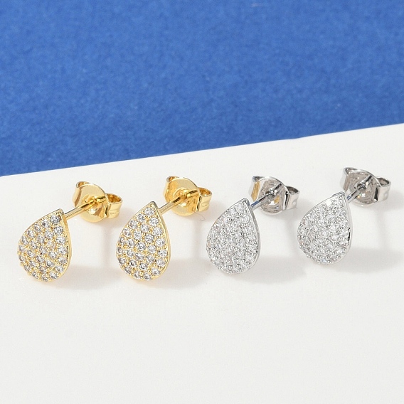 Серьги-гвоздики из латуни с микропаве из прозрачных кубических цирконий в форме капли, долговечный, без кадмия и без свинца, стойки покрытие