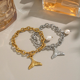 304 Stainless Steel Ocean Holiday Fish Tail Charm Bracelets with Natural Freshwater Pearl and OT Clasps, White