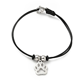 304 Stainless Steel Paw Print Charm Bracelet with Waxed Cord for Women