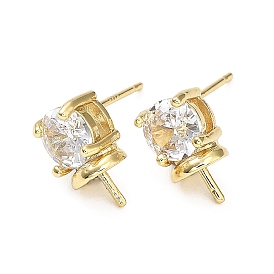 Brass Cubic Zirconia Stud Earring Findings, for Half Drilled Beads, Flat Round