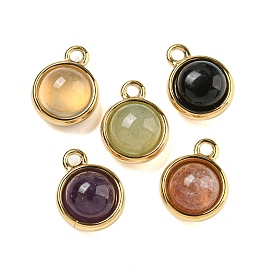 Natural Gemstone Half Round Charms, Real 14L Gold Plated 304 Stainless Steel Charms