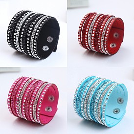 9-row Suede Cord & Rhinestone & Alloy Rivet Wrap Bracelets, Snap Bracelets for Women Girl