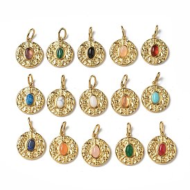 Ion Plating(IP) 304 Stainless Steel with Natural & Synthetic Gemstone Pendants, Real 14K Gold Plated, Mixed Dyed and Undyed, Flat Round Charm