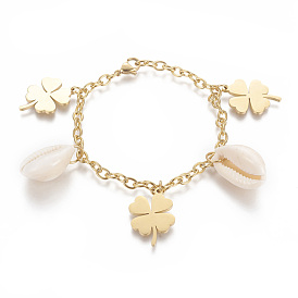 304 из нержавеющей стали шарм браслеты, с натуральной оболочкой каури, клевер