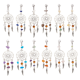 24 шт. 12 цветная тканая сетка / паутина с подвеской из сплава в тибетском стиле с крыльями, с крошкой из драгоценных камней и деревянными бусинами