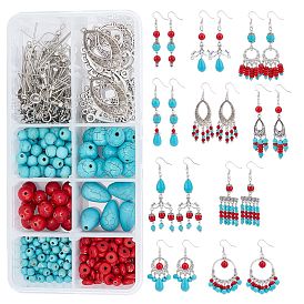 Kits de fabrication de boucles d'oreilles bricolage, y compris les perles synthétiques turquoise et howlite, liens et pendentifs en alliage, épingle à œil en fer, Coupelles en laiton