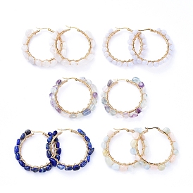 304 Stainless Steel Beaded Big Hoop Earrings, with Natural Gemstone Beads, Ring, Golden