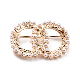Broche de perlas de imitación de círculos entrelazados de anillos dobles, pin de solapa de aleación de zinc para mujer vestido chal, la luz de oro