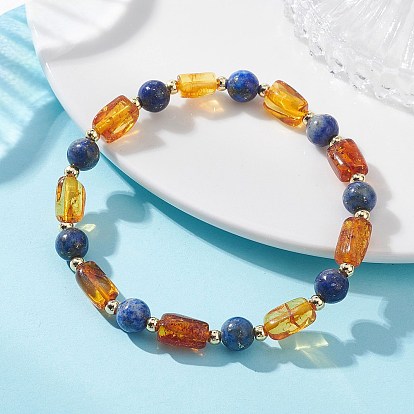 Эластичные браслеты для женщин из натурального янтаря, лазурита и латуни., Прямоугольник и круглый, реальный 18 k позолоченный