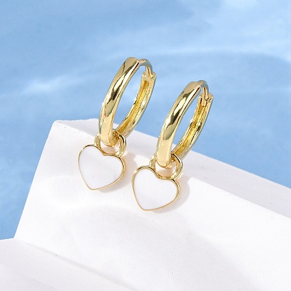 Серьги-кольца из латуни с эмалью в форме сердца, стойки покрытие, долговечный, без свинца и без кадмия