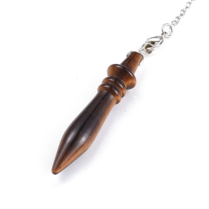 Natural Gemstone Pointed Dowsing Pendulums, with Platinum Plated Brass Cable Chain, Bullet