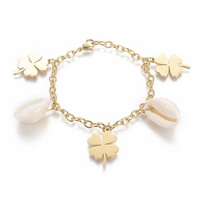 304 из нержавеющей стали шарм браслеты, с натуральной оболочкой каури, клевер