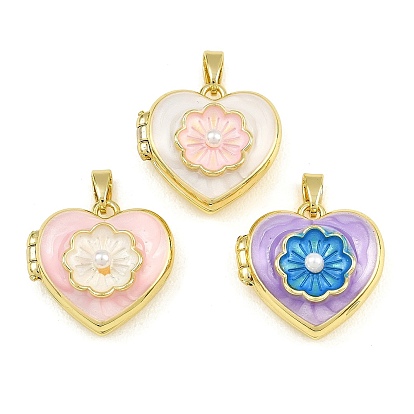 Латунь эмаль Locket подвески, сердце с цветочным шармом, с имитацией жемчуга