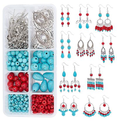 Kits de fabrication de boucles d'oreilles bricolage, y compris les perles synthétiques turquoise et howlite, liens et pendentifs en alliage, épingle à œil en fer, Coupelles en laiton
