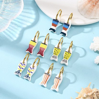 Handmade Porcelain & 316L Surgical Stainless Steel Hoop Dangle Earrings, Fish, Golden