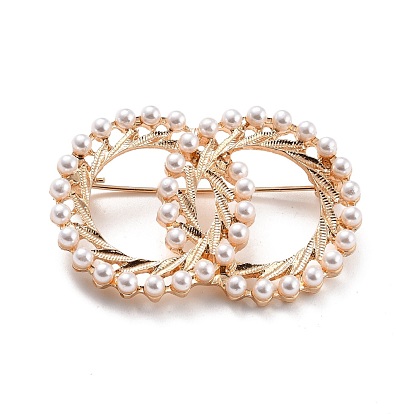 Broche de perlas de imitación de círculos entrelazados de anillos dobles, pin de solapa de aleación de zinc para mujer vestido chal, la luz de oro