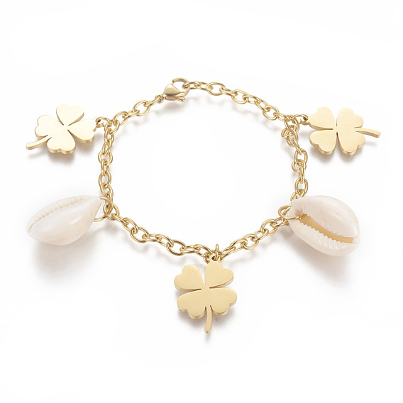 304 из нержавеющей стали шарм браслеты, с натуральной оболочкой каури, клевер