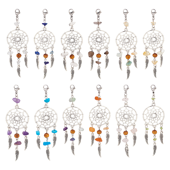 24 шт. 12 цветная тканая сетка / паутина с подвеской из сплава в тибетском стиле с крыльями, с крошкой из драгоценных камней и деревянными бусинами