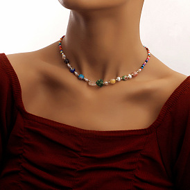 Женское ожерелье из пресноводного жемчуга в богемном стиле, красочное стеклянное ожерелье с цветочным сердечком и бисером
