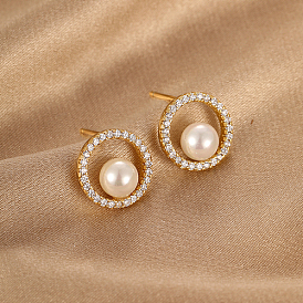 Boucles d'oreilles avec anneau en zircone cubique, boucles d'oreilles en laiton avec perle d'imitation