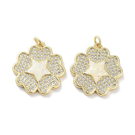 Brass Micro Pave Clear Cubic Zirconia Pendants, with Synthetic Opal and Jump Rings, Real 18K Gold Plated, Flower with Star Charms