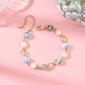 Natural Larimar & Cultured Freshwater Pearl Brass Link Bracelets for Women