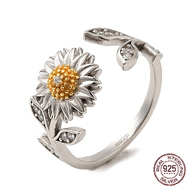 925 Sterling Silver Finger Ring, Cubic Zirconia Chrysanthemum Cuff Ring for Women, with S925 Stamp