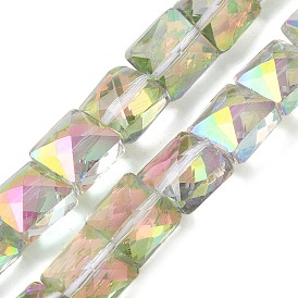 Стеклянные бусины с гальваническим покрытием , с половиным покрытием цвета радуги, граненые, квадратный