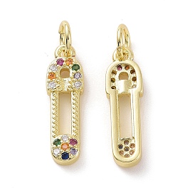 Brass Micro Pave Colorful Cubic Zirconia Pendants, with Jump Ring, Safety Pin Charms