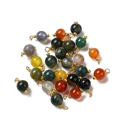 Dyed Natural Agate Pendants, Round Charms with Real 18K Gold Plated Brass Loops